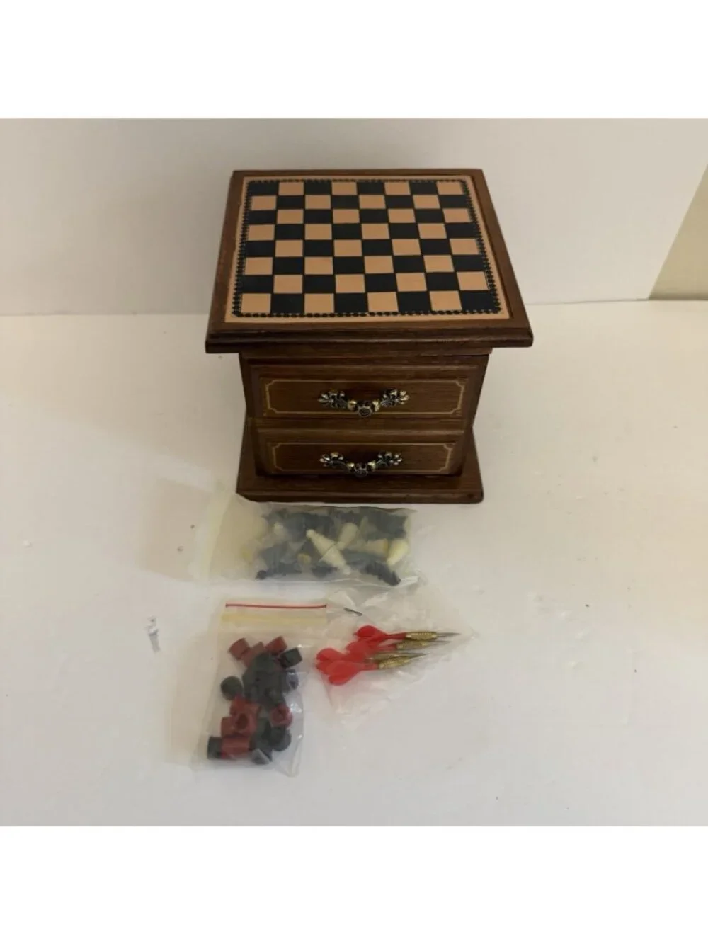 Vintage Enesco Wood Mini Game Cabinet Chess Checkers Darts Coasters Tabletop